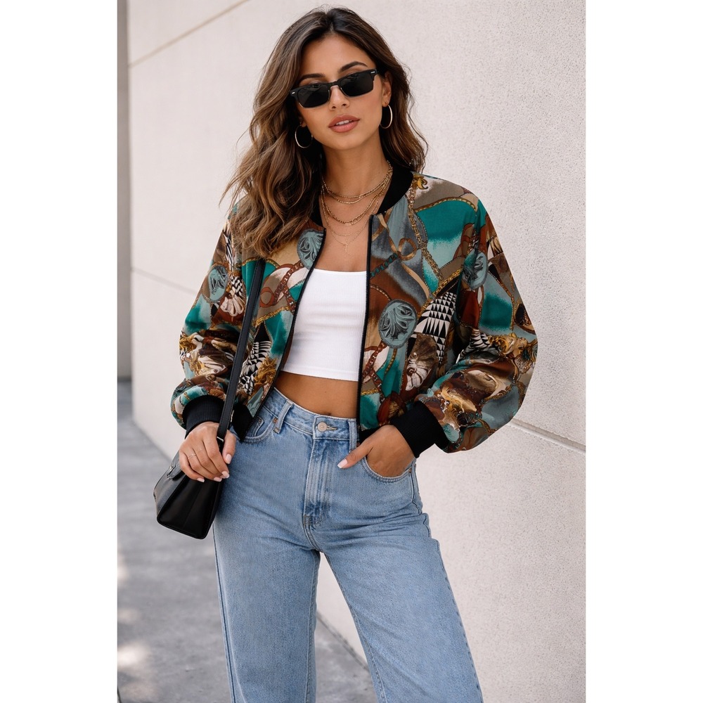 Vintage Clio Womens 90s Baroque Chain Print Bomber Jacket Size S/M Retro